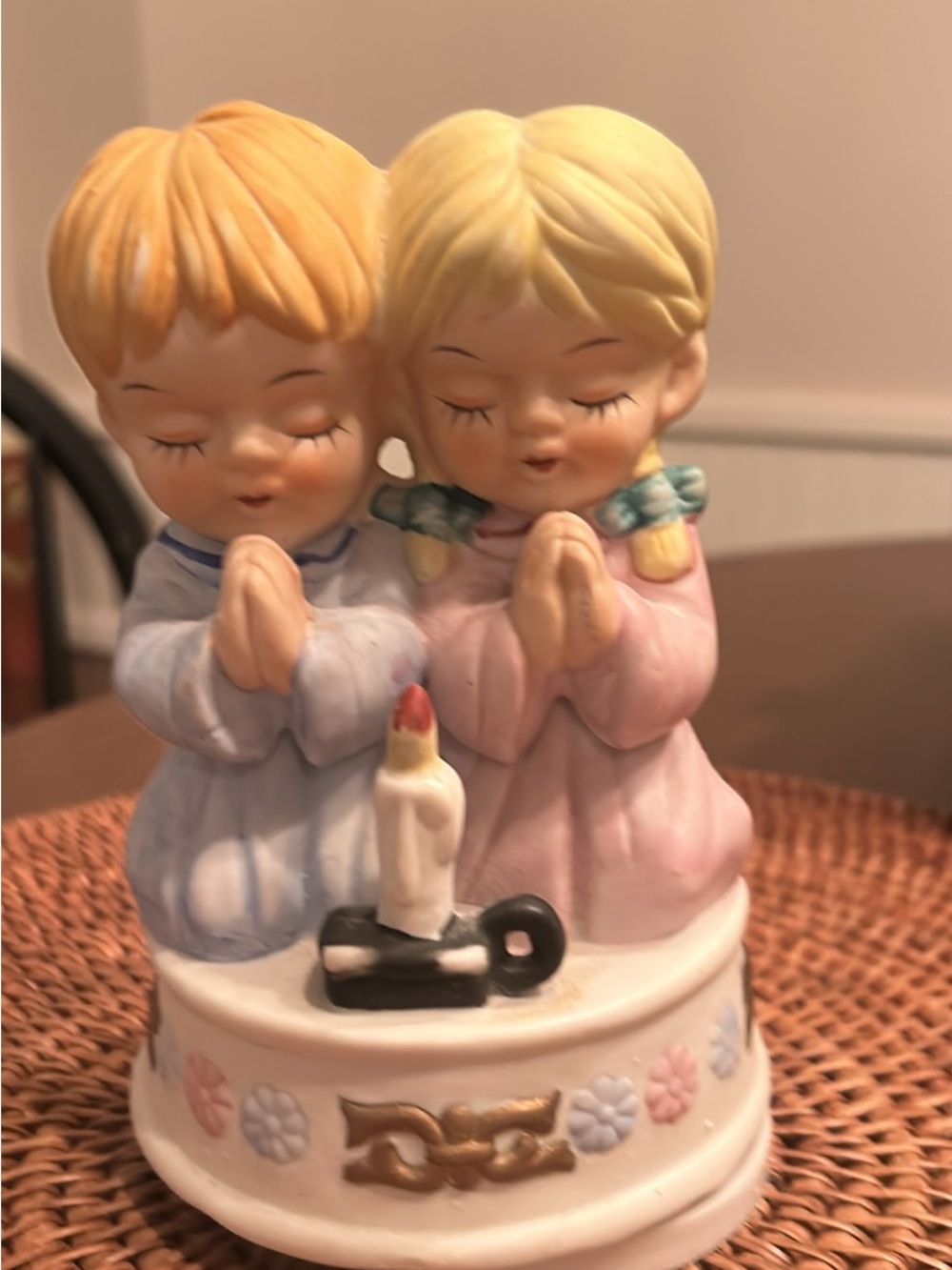 Porcelain Praying Children Figurine in Blue and Pink music box